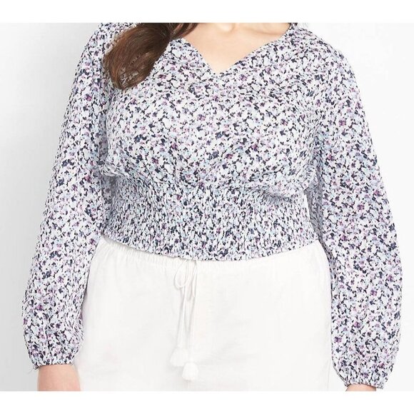 Lane Bryant Crop Top Women's 20 Boho Floral Smocked V-Neck Long Sleeve Blouse - Picture 1 of 16